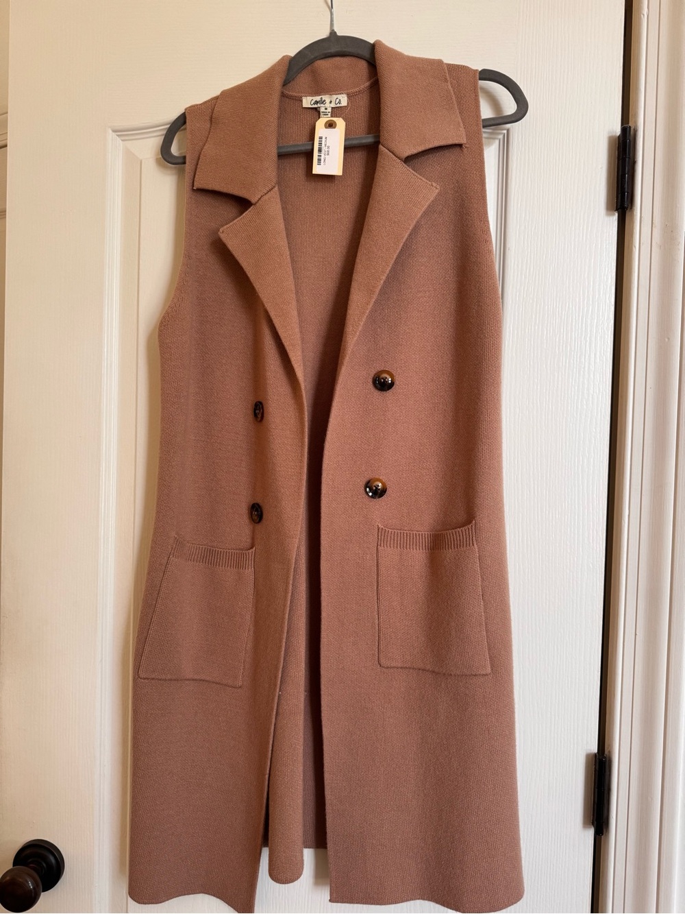 Sleeveless Long Knit Cardigan Vest in Brown